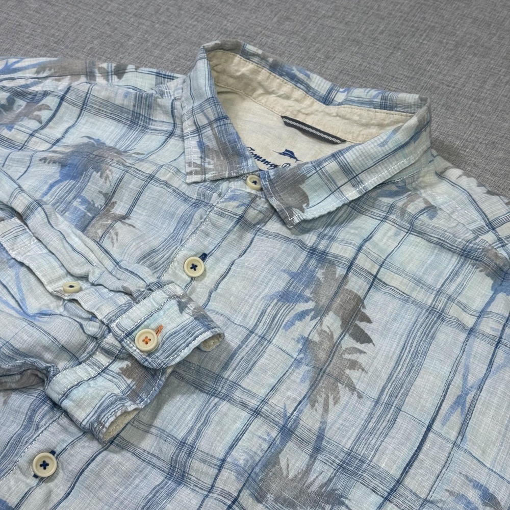Tommy Bahama Button-Up Shirt Mens 2XL Blue Plaid Linen Long Sleeve Relaxed Fit